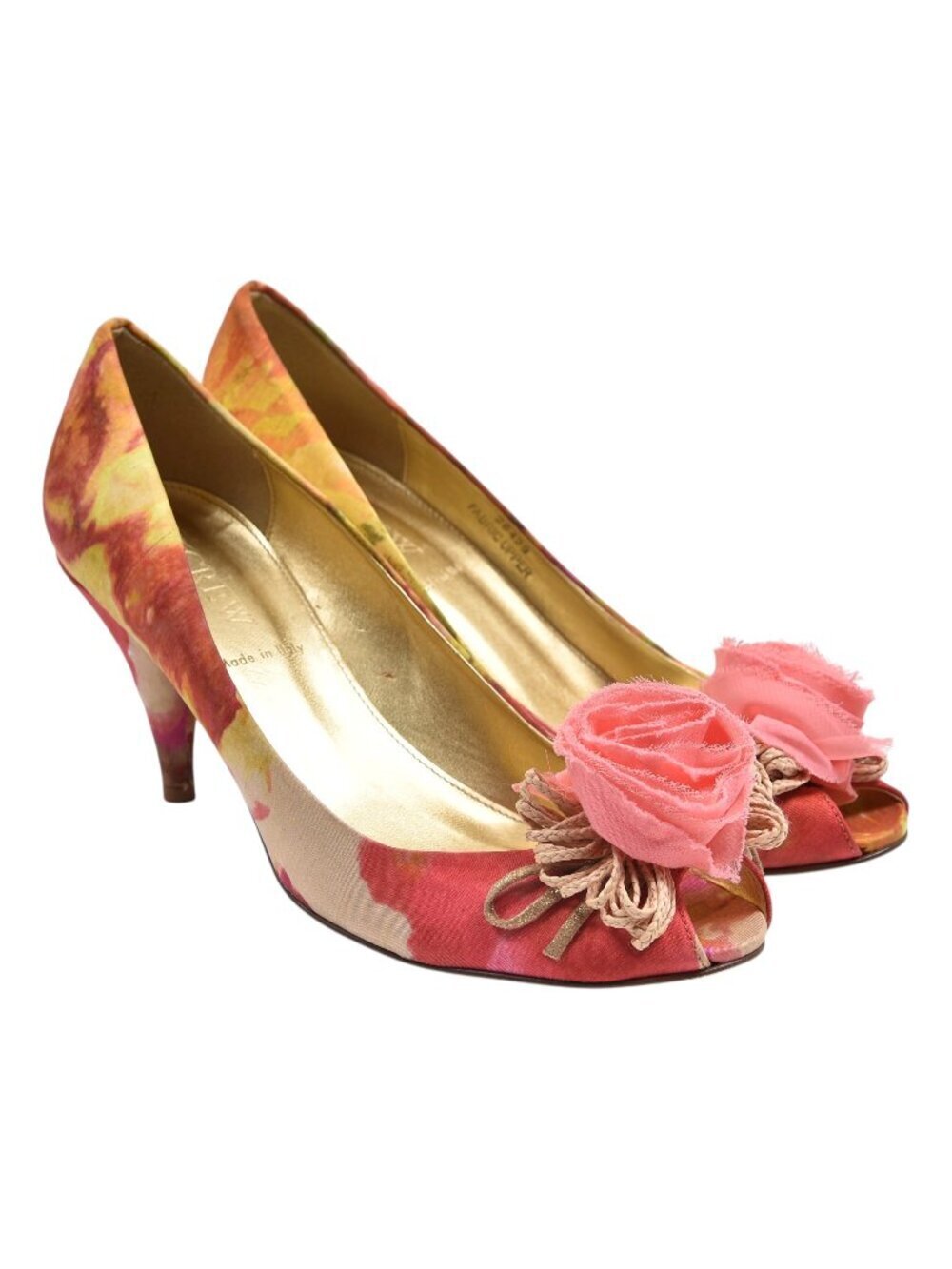 J. Crew Raffia Rose Printed Peep Toe Heels Golden Beach Size 7